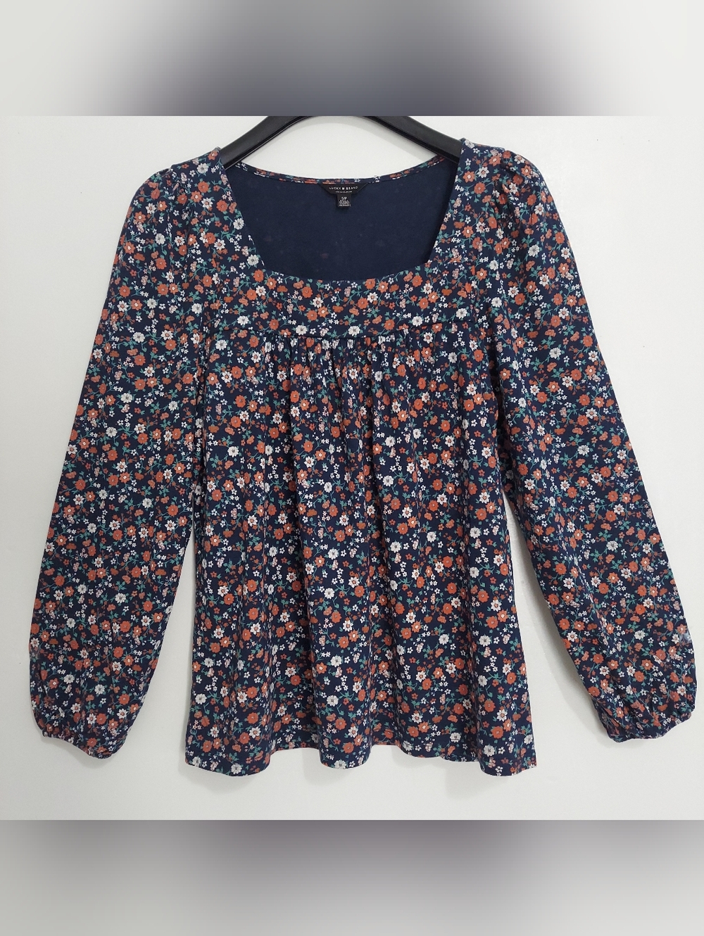 Lucky Brand Women's Small Blue Floral Long Sleeve Square Neck Pleated Blouse Top